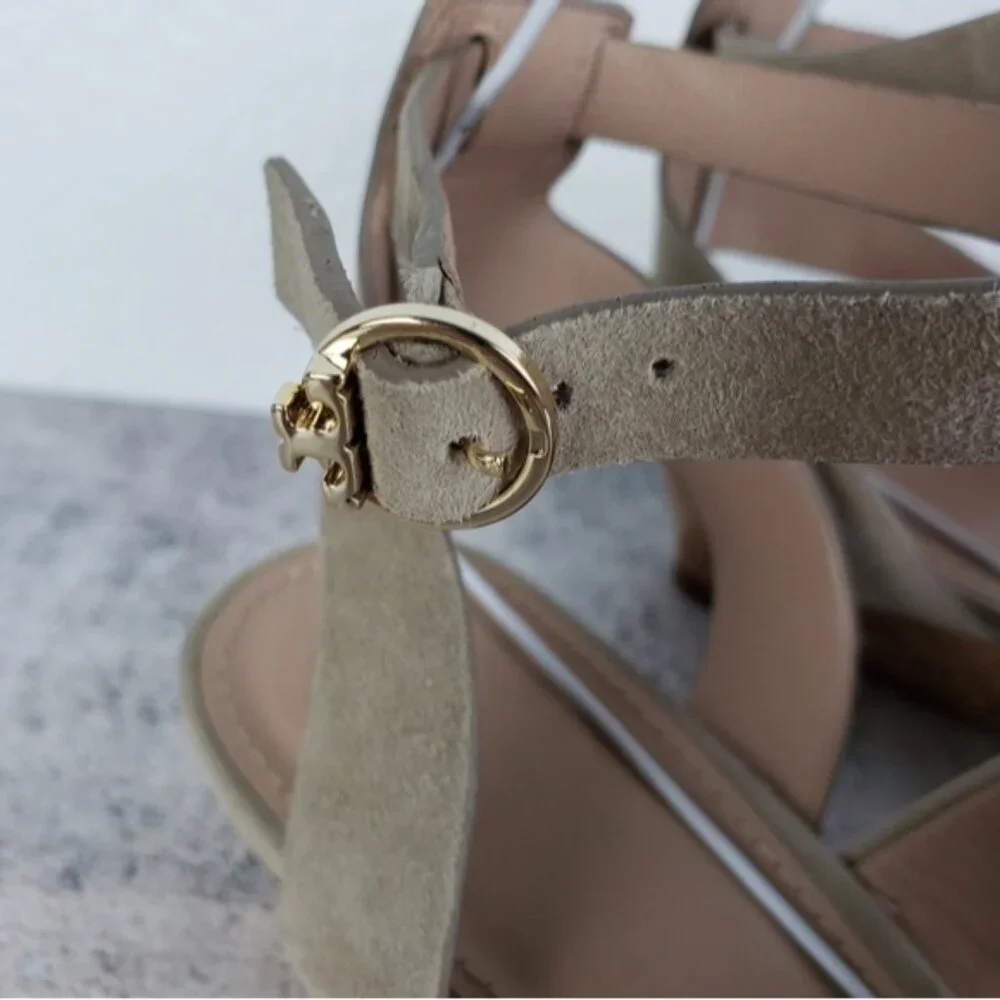 Tory Burch Leather Suede Cork Wedge Sandals Gray size 8.5M Comfort Preppy